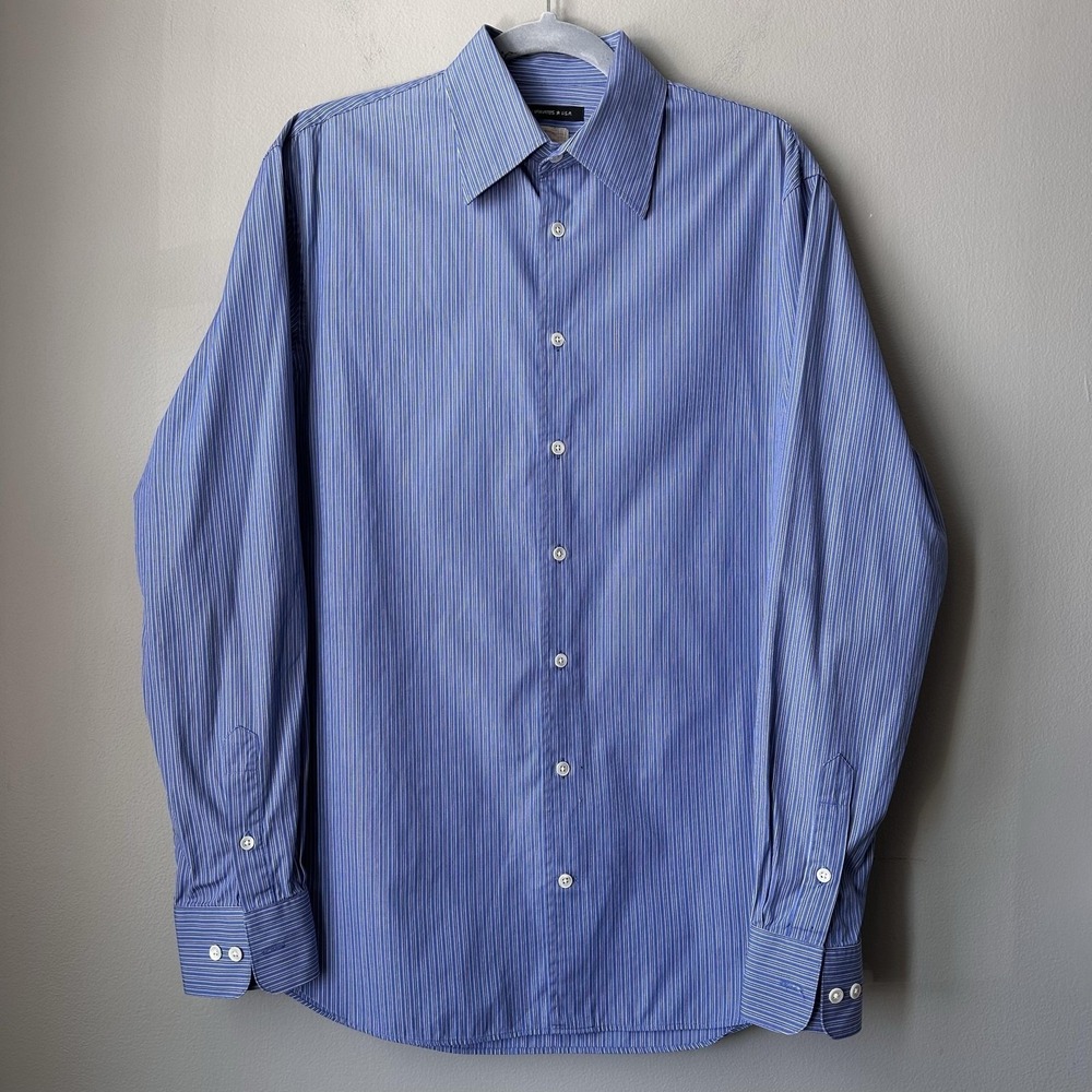John Varvatos Dress Shirt Mens Large Slim Blue Stripe Long Sleeve Button Front‎
